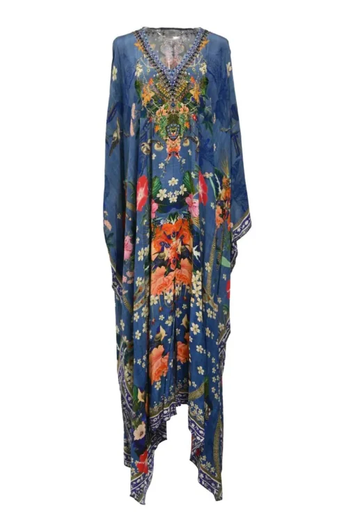 Blue bias-cut embellished silk kaleidoscopic floral print plunge neck kaftan featuring iridescent bead broderie motif