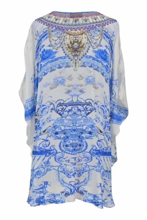 Blue bias-cut embellished viscose abstract print plunge neck lace-up kaftan