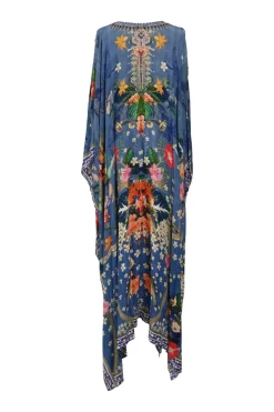 Blue bias-cut embellished silk kaleidoscopic floral print plunge neck kaftan featuring iridescent bead broderie motif