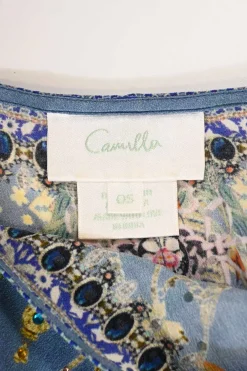 Blue bias-cut embellished silk kaleidoscopic floral print plunge neck kaftan featuring iridescent bead broderie motif