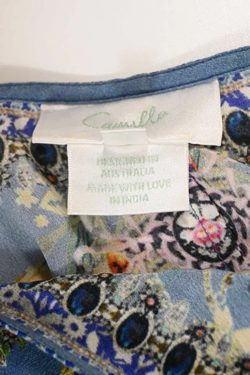 Blue bias-cut embellished silk kaleidoscopic floral print plunge neck kaftan featuring iridescent bead broderie motif