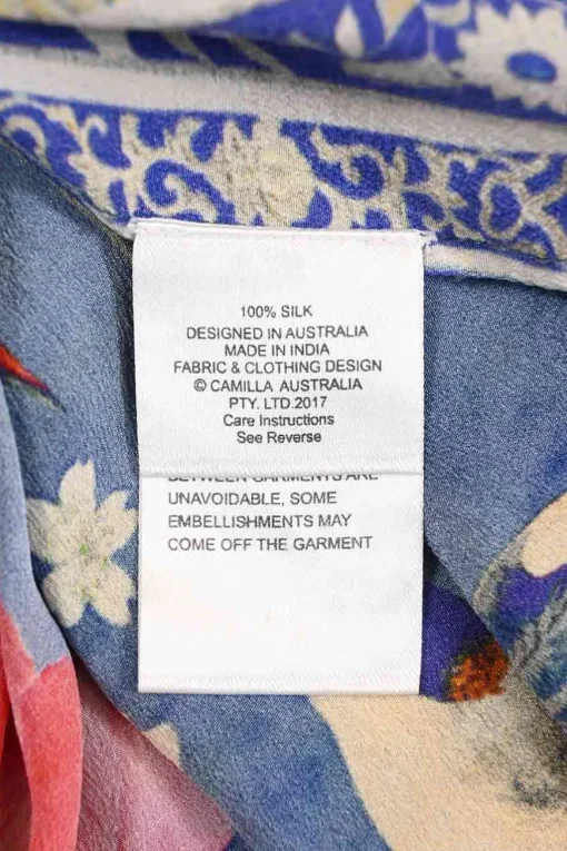 Blue bias-cut embellished silk kaleidoscopic floral print plunge neck kaftan featuring iridescent bead broderie motif