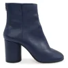 Blue calfskin pull-on round-toe zip-up ankle boots with cylindrical block heel and signature bar tack