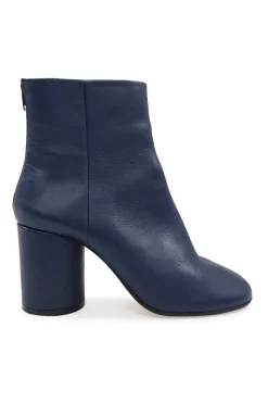 Blue calfskin pull-on round-toe zip-up ankle boots with cylindrical block heel and signature bar tack