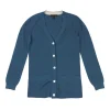 Blue cashmere fully-fashioned raglan sleeve cardigan with metallic shank buttons