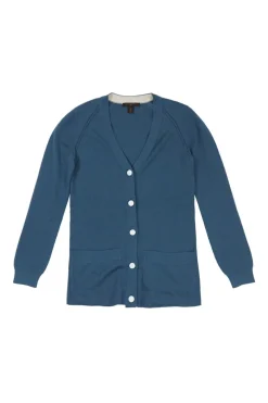 Blue cashmere fully-fashioned raglan sleeve cardigan with metallic shank buttons