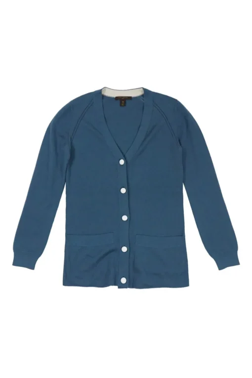 Blue cashmere fully-fashioned raglan sleeve cardigan with metallic shank buttons