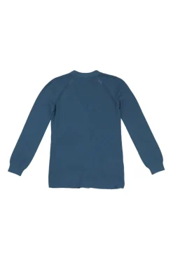 Blue cashmere fully-fashioned raglan sleeve cardigan with metallic shank buttons