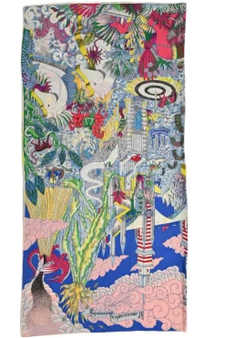 Blue cashmere-silk blend 'Cosmographia Universalis' print shawl scarf featuring artwork by Jan Bajtlik