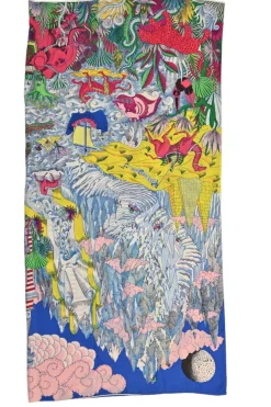 Blue cashmere-silk blend 'Cosmographia Universalis' print shawl scarf featuring artwork by Jan Bajtlik