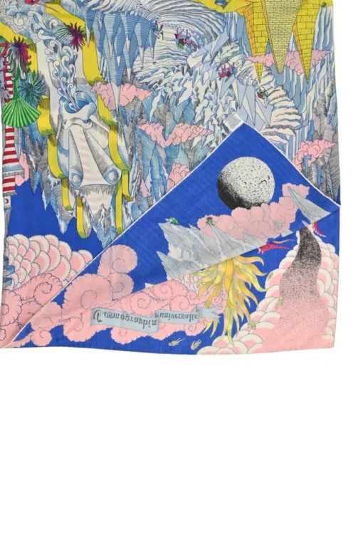 Blue cashmere-silk blend 'Cosmographia Universalis' print shawl scarf featuring artwork by Jan Bajtlik