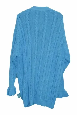 Blue cotton cable-knit button-front cardigan with flounce cuffs and tonal floral appliqués