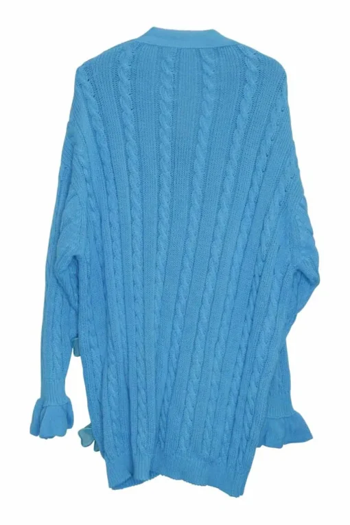Blue cotton cable-knit button-front cardigan with flounce cuffs and tonal floral appliqués