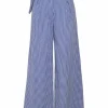 Blue cotton-blend gingham pull-on empire paperbag waist belted wide-leg trousers with lace-trimmed hem
