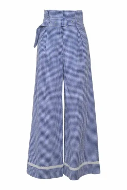 Blue cotton-blend gingham pull-on empire paperbag waist belted wide-leg trousers with lace-trimmed hem