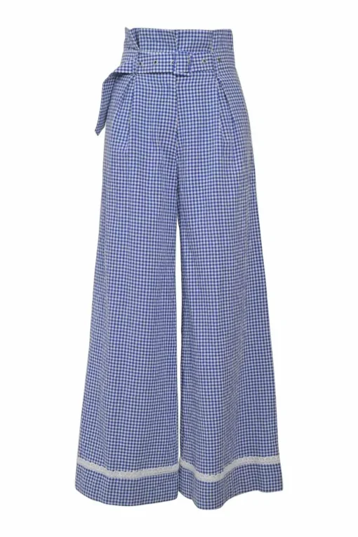 Blue cotton-blend gingham pull-on empire paperbag waist belted wide-leg trousers with lace-trimmed hem