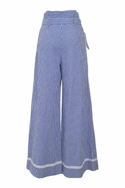 Blue cotton-blend gingham pull-on empire paperbag waist belted wide-leg trousers with lace-trimmed hem