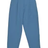 Blue cotton-blend pull-on high-rise pleat tailored trousers with tapered leg