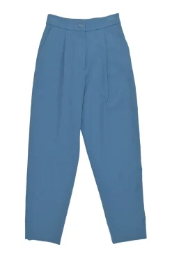 Blue cotton-blend pull-on high-rise pleat tailored trousers with tapered leg