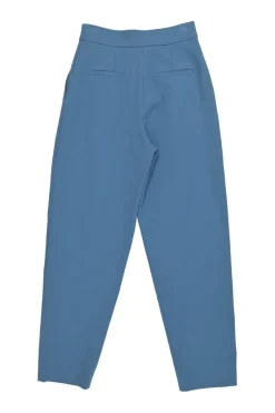 Blue cotton-blend pull-on high-rise pleat tailored trousers with tapered leg