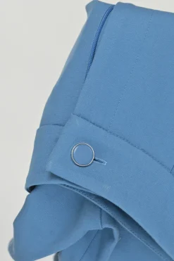 Blue cotton-blend pull-on high-rise pleat tailored trousers with tapered leg