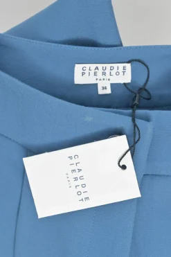 Blue cotton-blend pull-on high-rise pleat tailored trousers with tapered leg