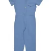 Blue cotton-blend short sleeve tapered leg jumpsuit with chest patch pockets