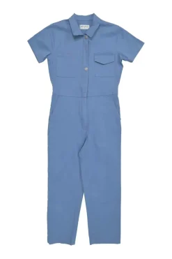 Blue cotton-blend short sleeve tapered leg jumpsuit with chest patch pockets