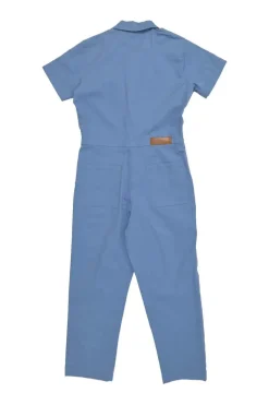 Blue cotton-blend short sleeve tapered leg jumpsuit with chest patch pockets