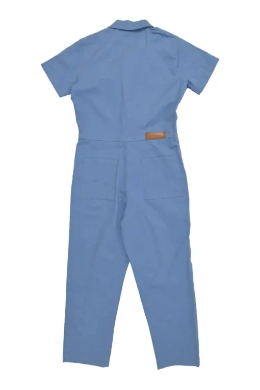 Blue cotton-blend short sleeve tapered leg jumpsuit with chest patch pockets