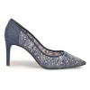 Blue crystal-embellished floral lace and leather pointed-toe pumps