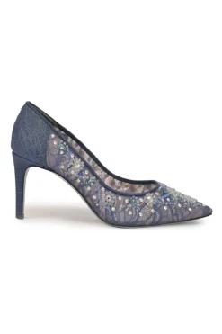 Blue crystal-embellished floral lace and leather pointed-toe pumps
