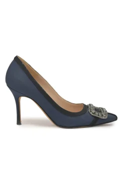 Blue crystal-embellished fabric and leather Gotrian pointed-toe pumps