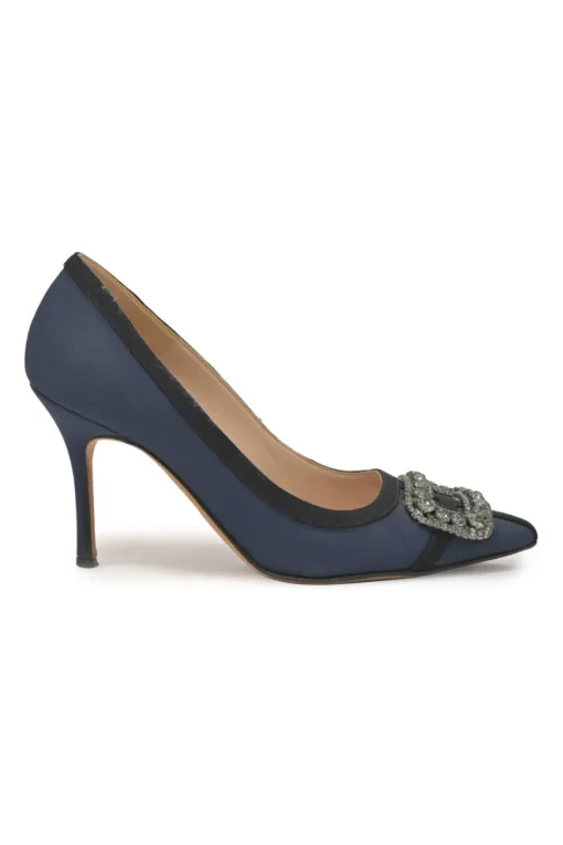 Blue crystal-embellished fabric and leather Gotrian pointed-toe pumps