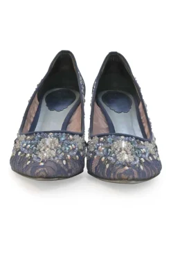 Blue crystal-embellished floral lace and leather pointed-toe pumps