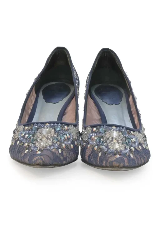 Blue crystal-embellished floral lace and leather pointed-toe pumps