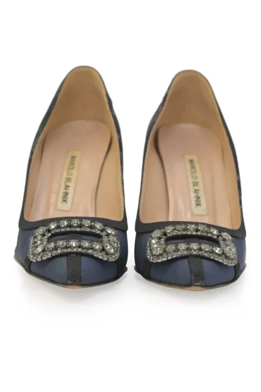 Blue crystal-embellished fabric and leather Gotrian pointed-toe pumps