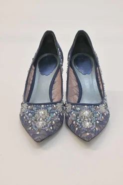 Blue crystal-embellished floral lace and leather pointed-toe pumps