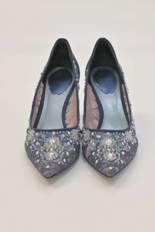 Blue crystal-embellished floral lace and leather pointed-toe pumps