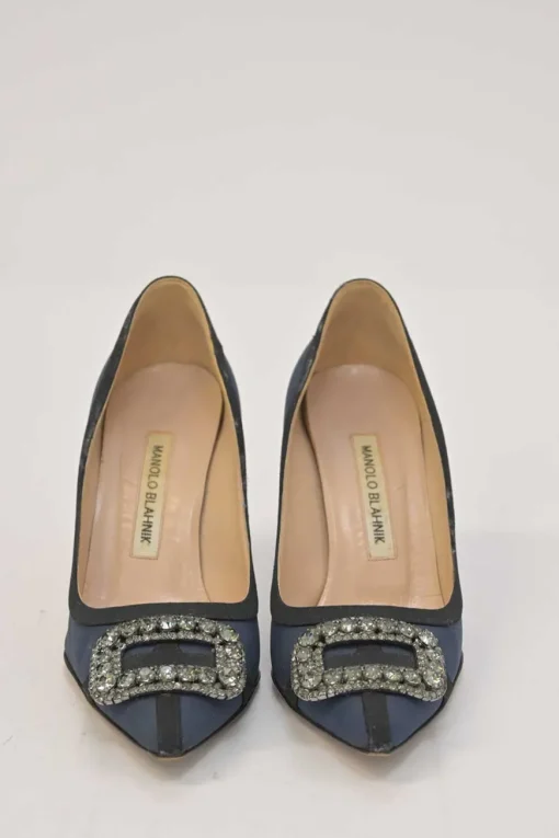 Blue crystal-embellished fabric and leather Gotrian pointed-toe pumps