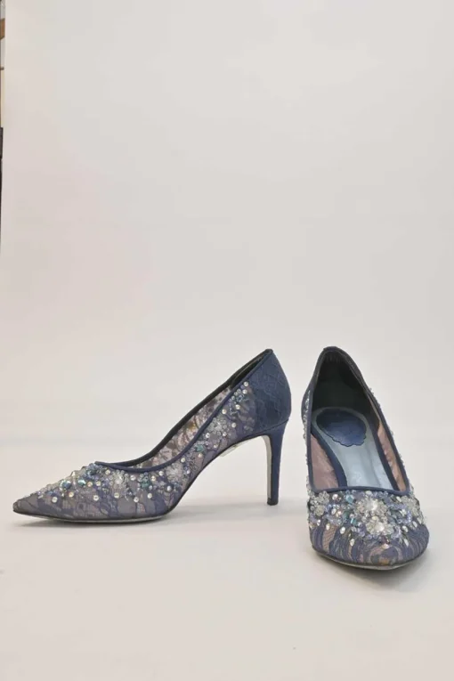Blue crystal-embellished floral lace and leather pointed-toe pumps