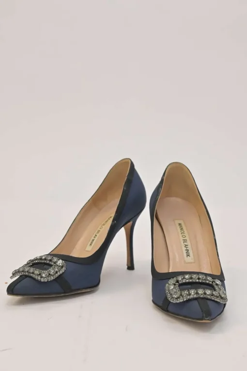 Blue crystal-embellished fabric and leather Gotrian pointed-toe pumps