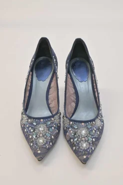 Blue crystal-embellished floral lace and leather pointed-toe pumps