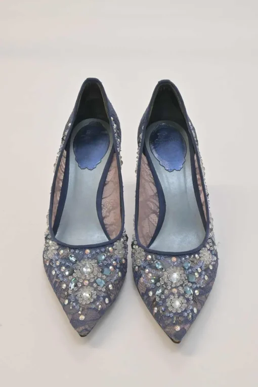 Blue crystal-embellished floral lace and leather pointed-toe pumps