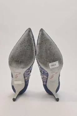 Blue crystal-embellished floral lace and leather pointed-toe pumps