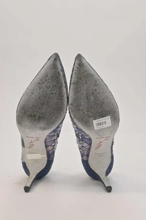 Blue crystal-embellished floral lace and leather pointed-toe pumps