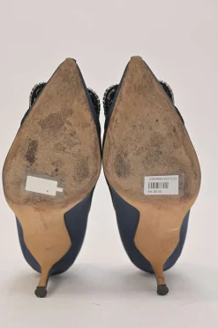 Blue crystal-embellished fabric and leather Gotrian pointed-toe pumps