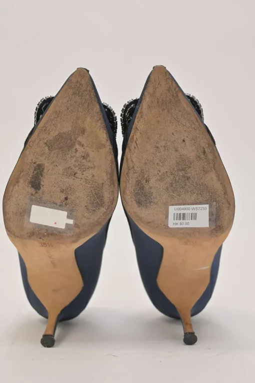 Blue crystal-embellished fabric and leather Gotrian pointed-toe pumps