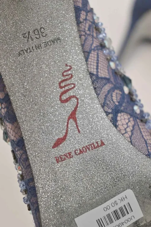 Blue crystal-embellished floral lace and leather pointed-toe pumps