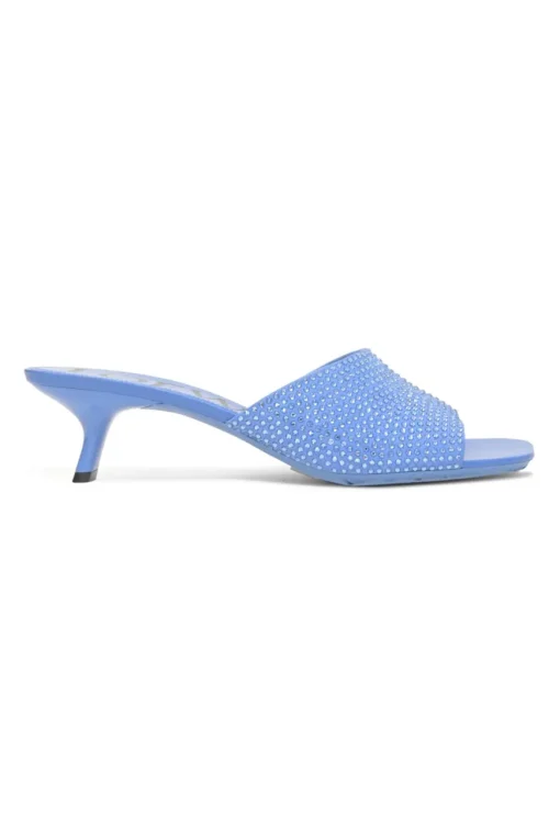 Blue crystal-embellished Petal chiseled square-toe kitten-heel slide sandals